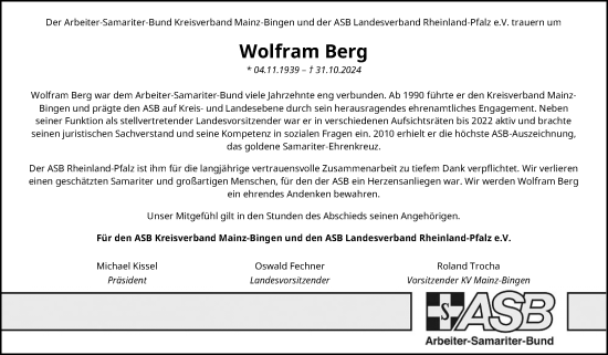 Traueranzeige von Wolfram Berg von Allgemeine Zeitung Mainz