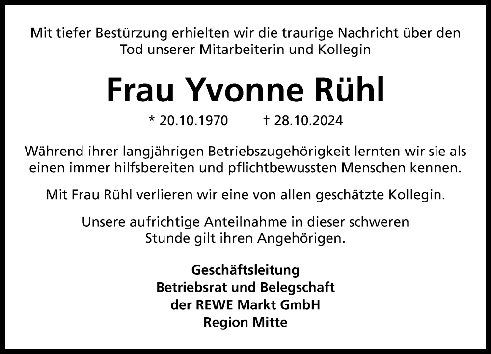  Traueranzeige für Yvonne Rühl vom 30.11.2024 aus Wiesbadener Kurier