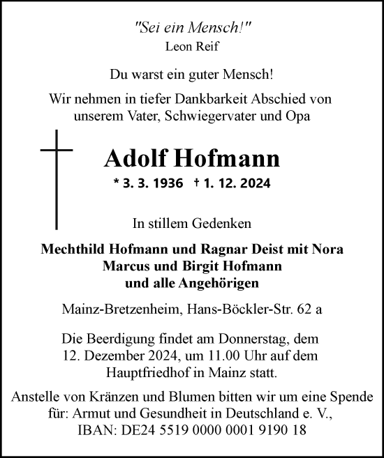 Traueranzeige von Adolf Hofmann von Allgemeine Zeitung Mainz