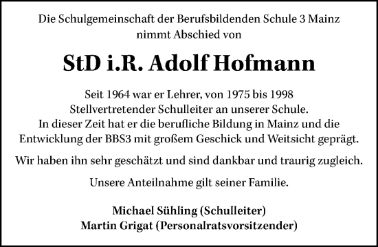 Traueranzeige von Adolf Hofmann von Allgemeine Zeitung Mainz
