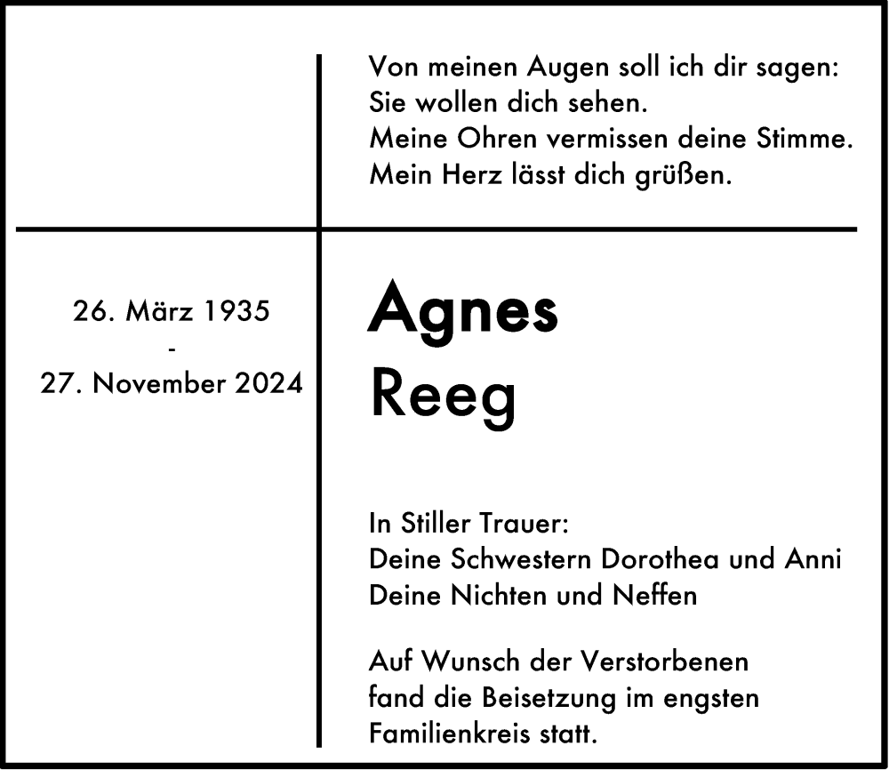  Traueranzeige für Agnes Reeg vom 14.12.2024 aus Darmstädter Echo