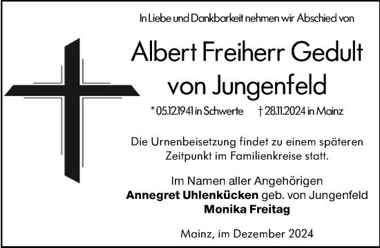 Traueranzeige von Albert Freiherr Gedult von Jungenfeld von Allgemeine Zeitung Mainz