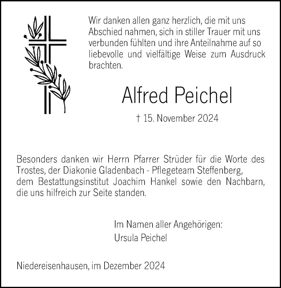  Traueranzeige für Alfred Peichel vom 13.12.2024 aus Hinterländer Anzeiger