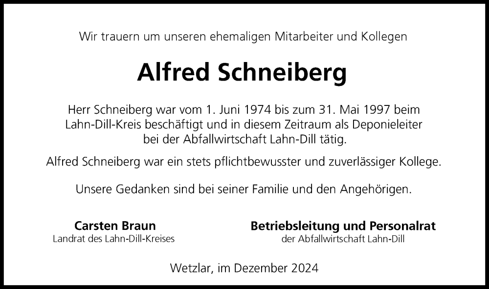  Traueranzeige für Alfred Schneiberg vom 07.12.2024 aus Wetzlarer Neue Zeitung