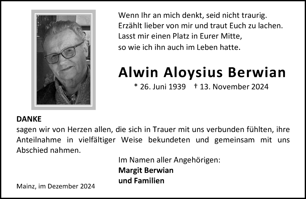  Traueranzeige für Alwin Aloysius Berwian vom 14.12.2024 aus Allgemeine Zeitung Mainz