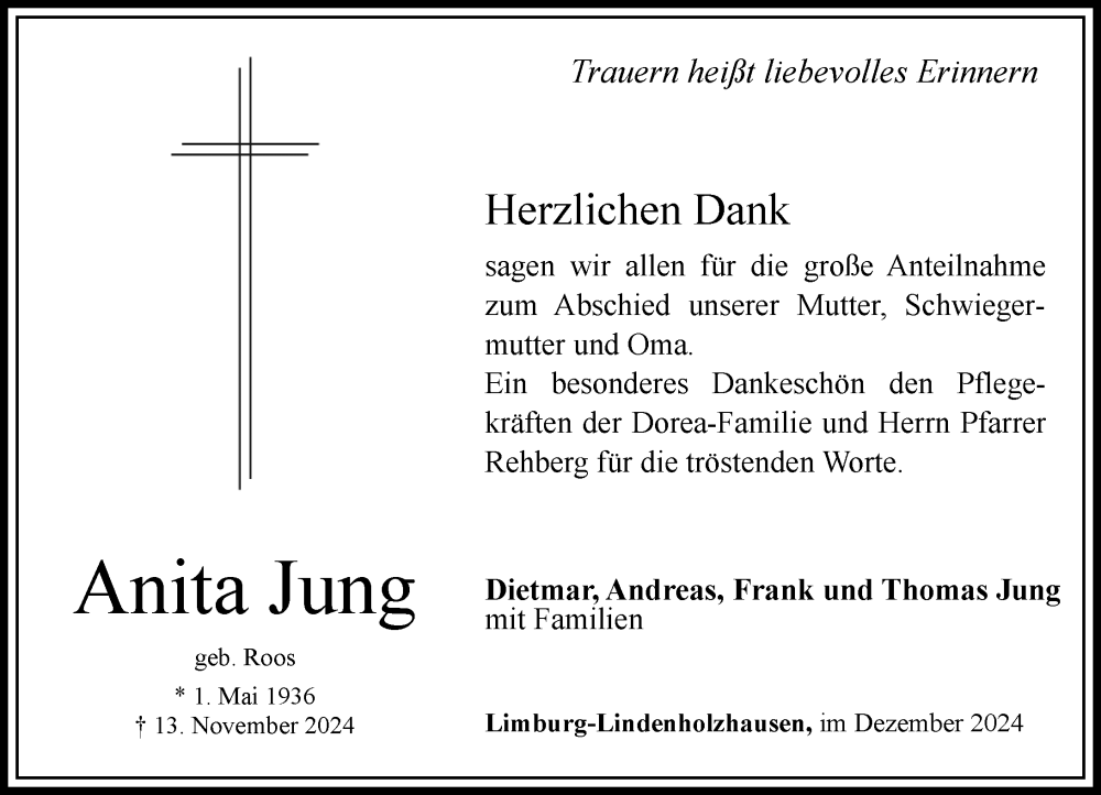  Traueranzeige für Anita Jung vom 07.12.2024 aus Nassauische Neue Presse