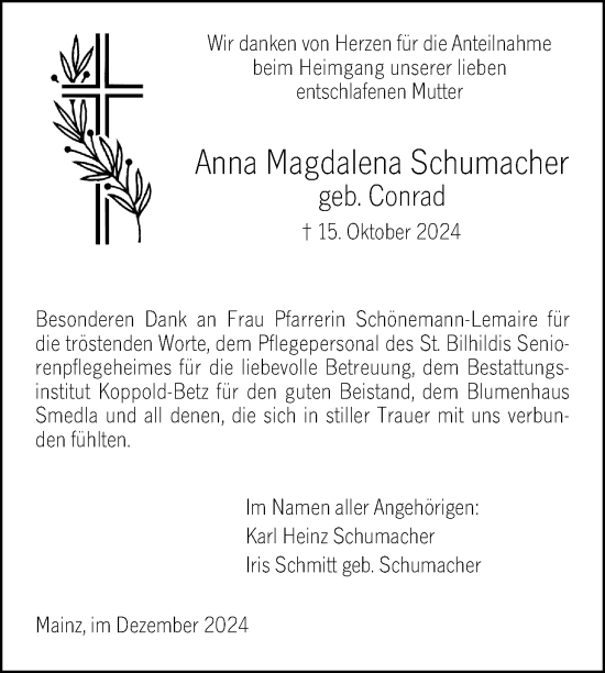Traueranzeige von Anna  Schumacher von Allgemeine Zeitung Mainz