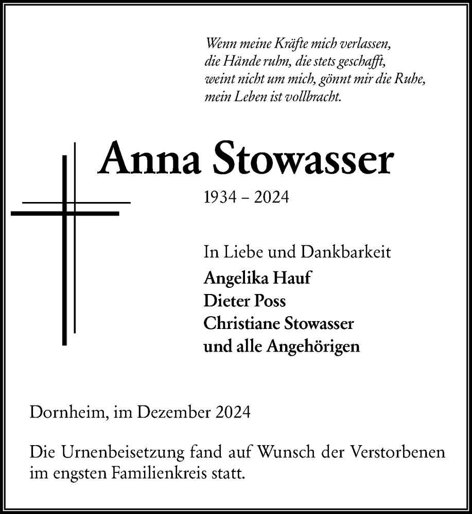  Traueranzeige für Anna Stowasser vom 21.12.2024 aus Groß-Gerauer Echo