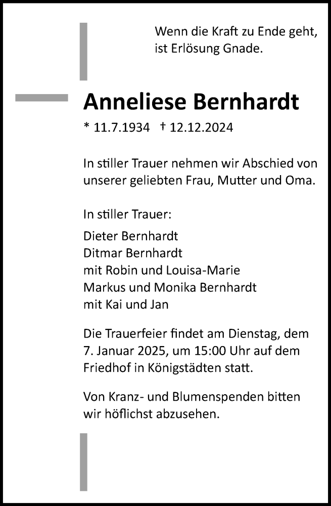  Traueranzeige für Anneliese Bernhardt vom 21.12.2024 aus Rüsselsheimer Echo