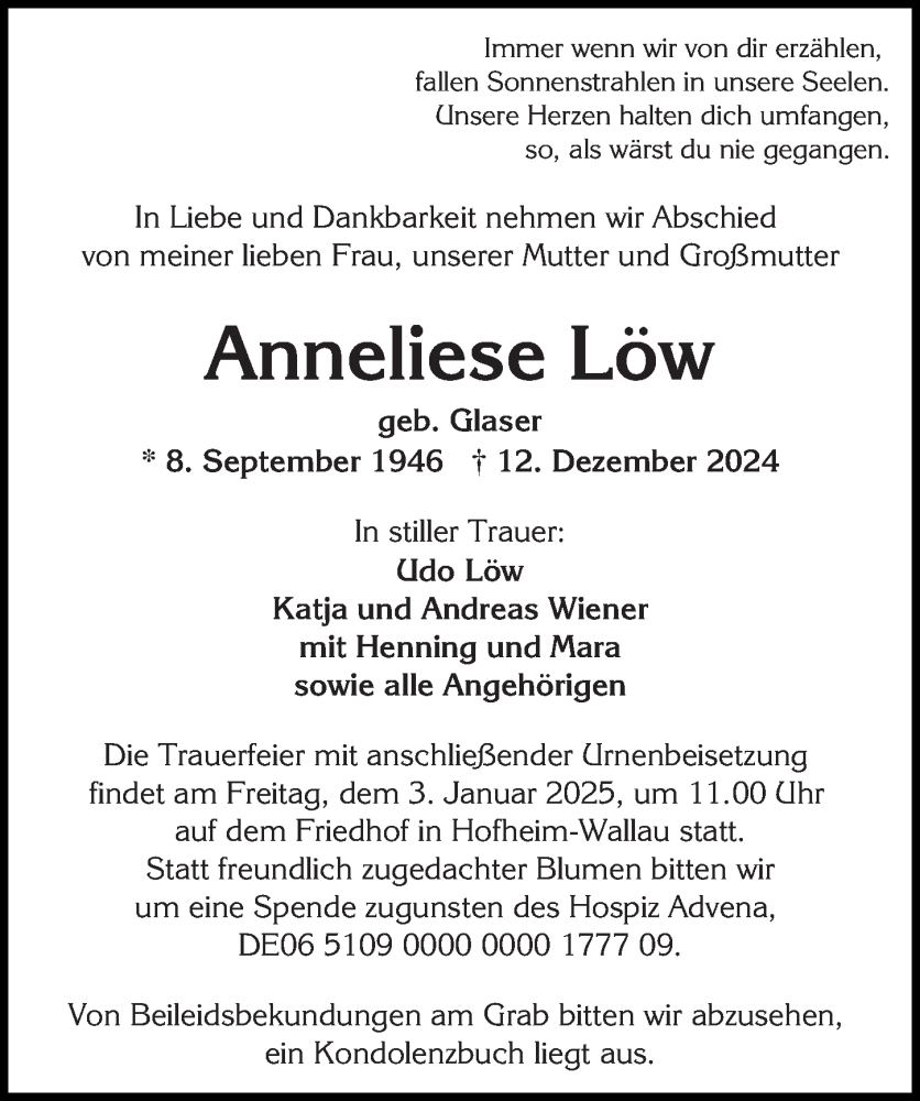  Traueranzeige für Anneliese Löw vom 21.12.2024 aus Wiesbadener Kurier