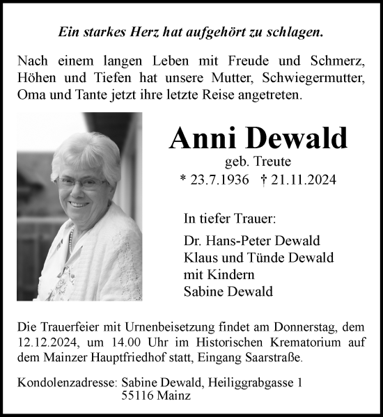 Traueranzeige von Anni Dewald von Allgemeine Zeitung Mainz