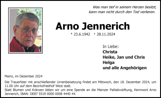 Traueranzeige von Arno Jennerich von Allgemeine Zeitung Mainz