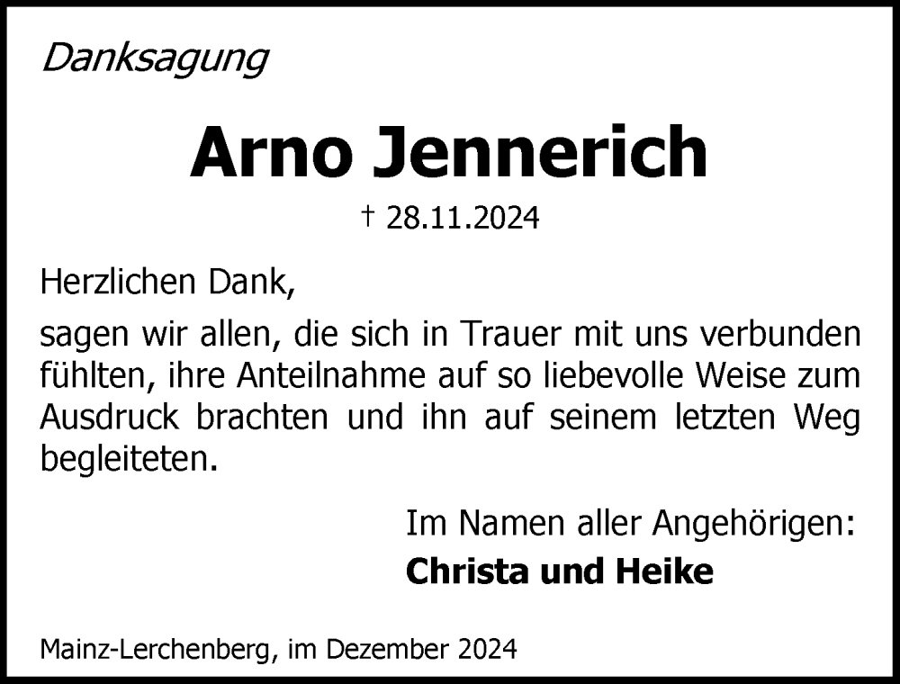  Traueranzeige für Arno Jennerich vom 28.12.2024 aus Allgemeine Zeitung Mainz