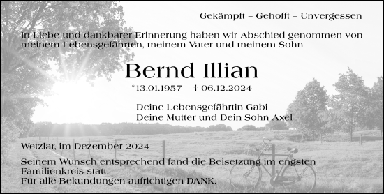 Traueranzeige von Bernd Illian von Wetzlarer Neue Zeitung
