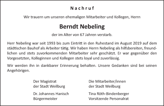 Traueranzeige von Berndt Nebeling von Weilburger Tageblatt