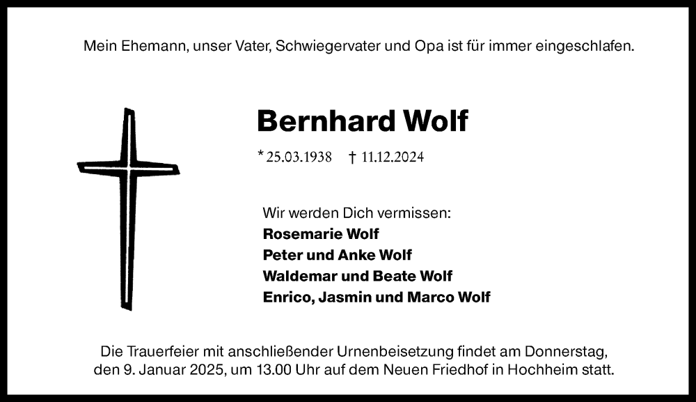  Traueranzeige für Bernhard Wolf vom 20.12.2024 aus Hochheimer Zeitung
