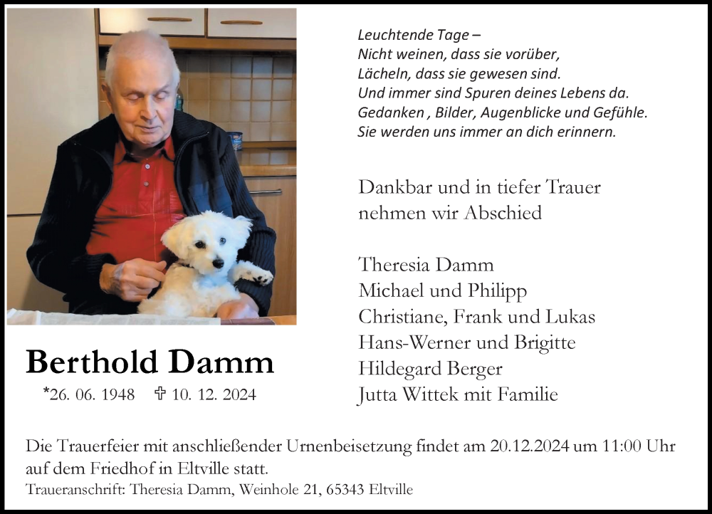  Traueranzeige für Berthold Damm vom 14.12.2024 aus Rheingau Kurier