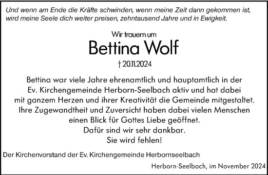 Traueranzeige von Bettina Wolf von Dill Block