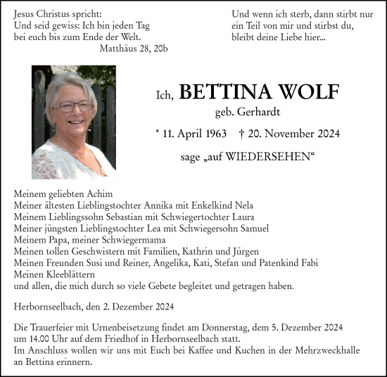 Traueranzeige von Bettina Wolf von Dill Block