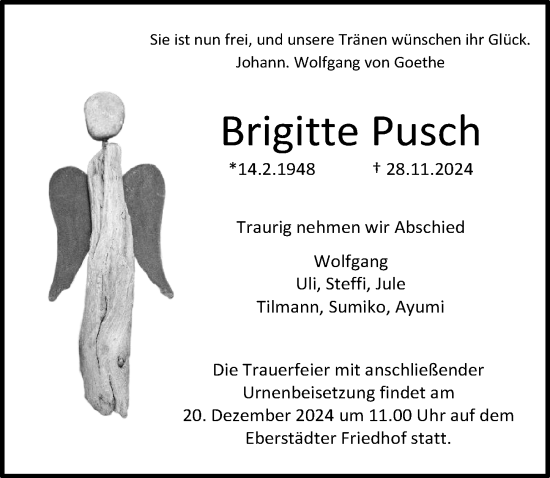 Traueranzeige von Brigitte Pusch von Darmstädter Echo
