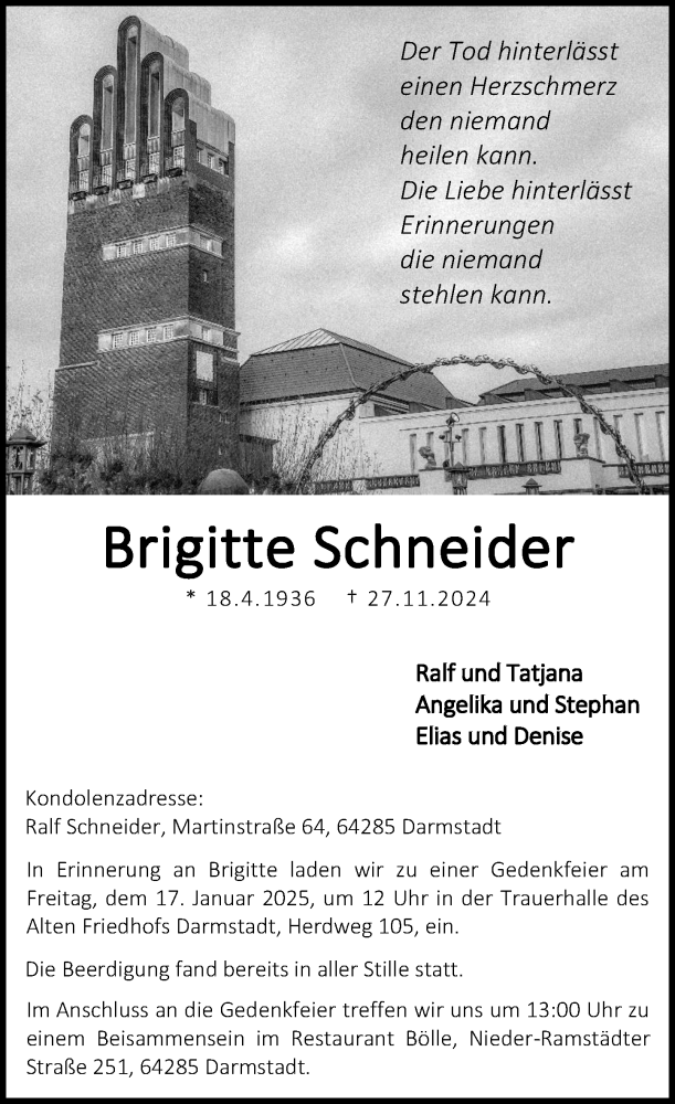  Traueranzeige für Brigitte Schneider vom 14.12.2024 aus Darmstädter Echo