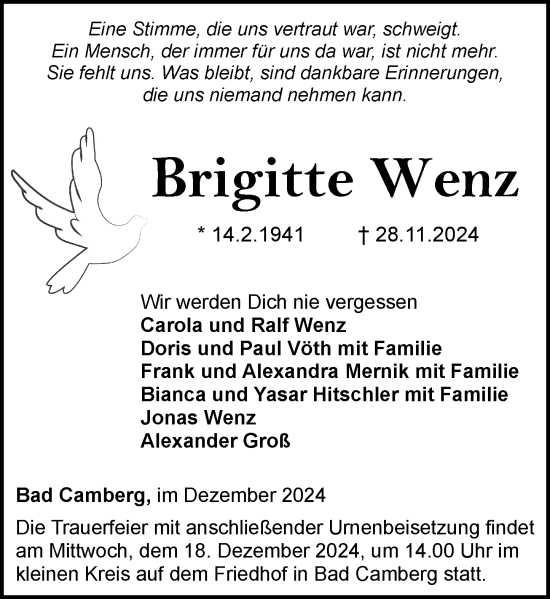Traueranzeige von Brigitte Wenz von Camberger Anzeiger