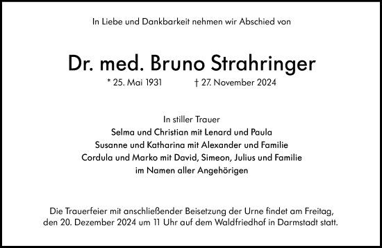 Traueranzeige von Bruno Strahringer von Darmstädter Echo
