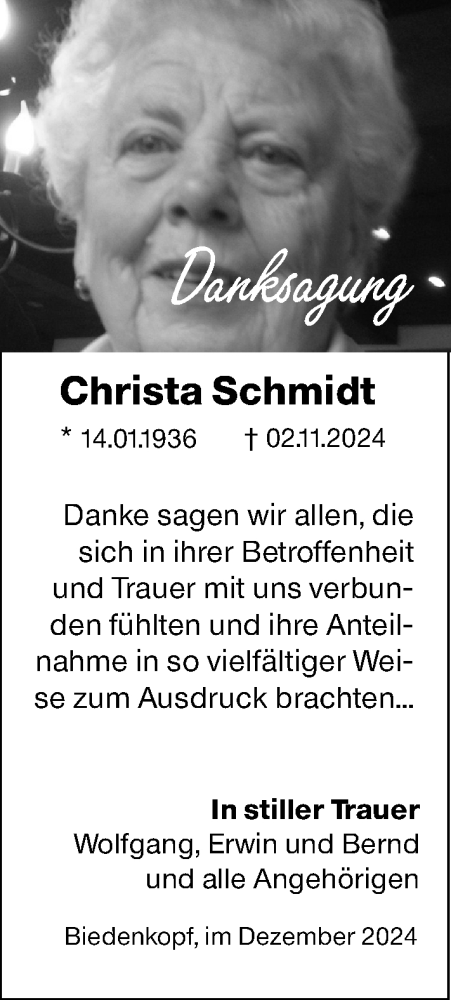 Traueranzeige von Christa Schmidt von Hinterländer Anzeiger