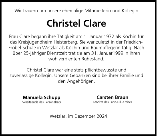 Traueranzeige von Christel Clare von Dill Block