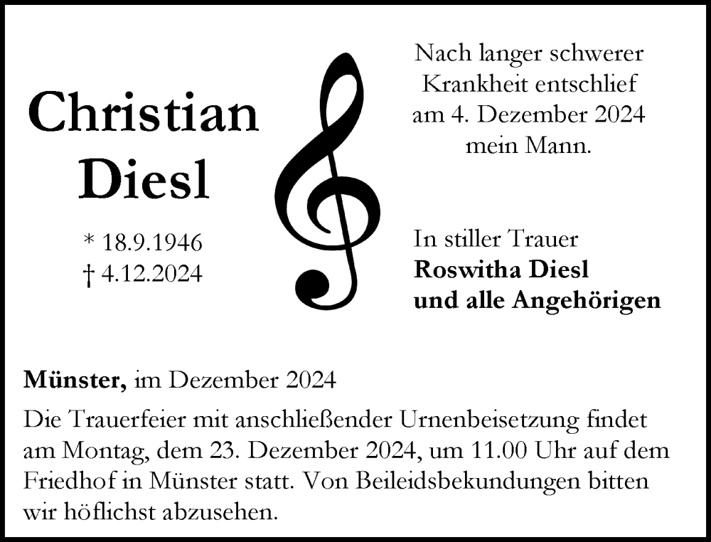  Traueranzeige für Christian Diesl vom 14.12.2024 aus Weilburger Tageblatt