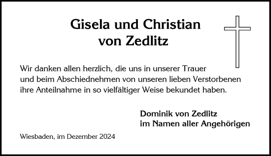 Traueranzeige von Christian von Zedlitz von Wiesbadener Kurier