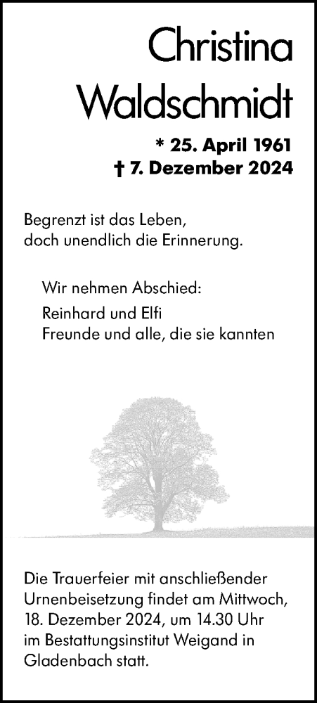 Traueranzeige von Christina Waldschmidt von Hinterländer Anzeiger