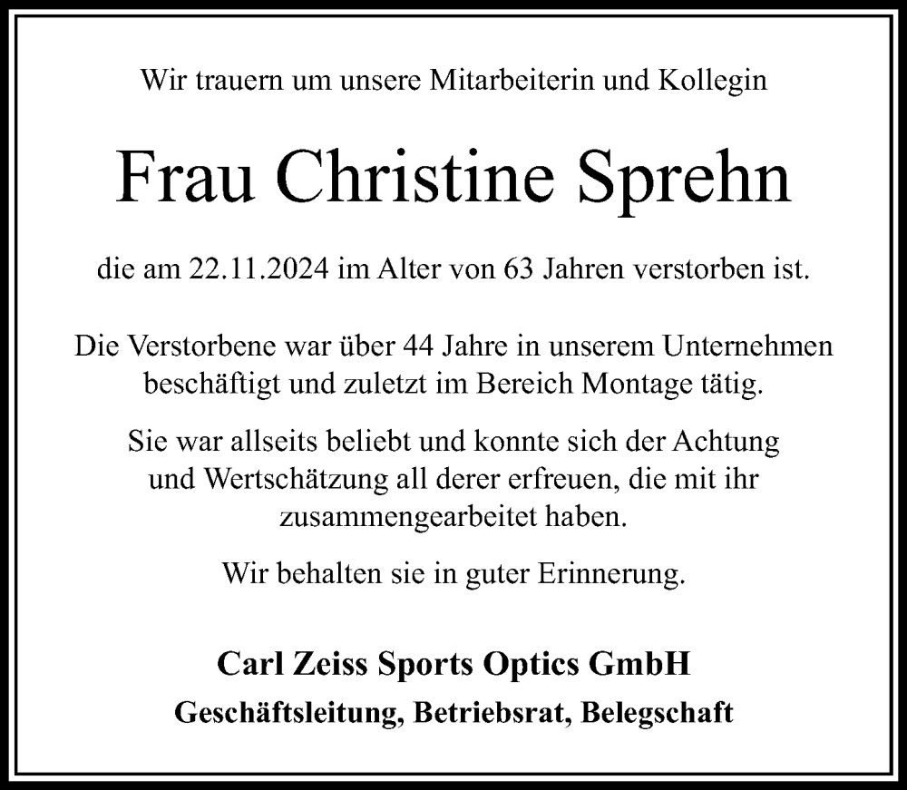  Traueranzeige für Christine Sprehn vom 19.12.2024 aus Wetzlarer Neue Zeitung