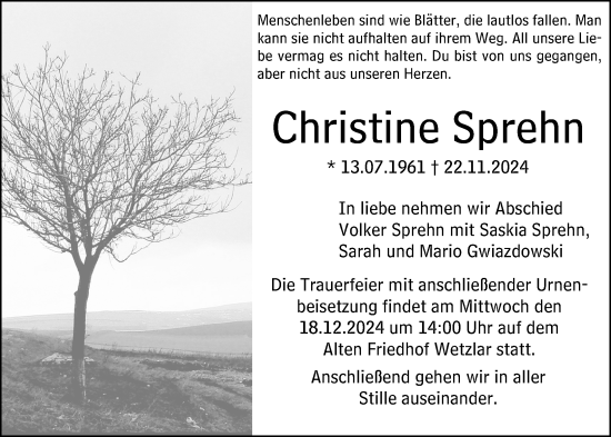 Traueranzeige von Christine Sprehn von Wetzlarer Neue Zeitung