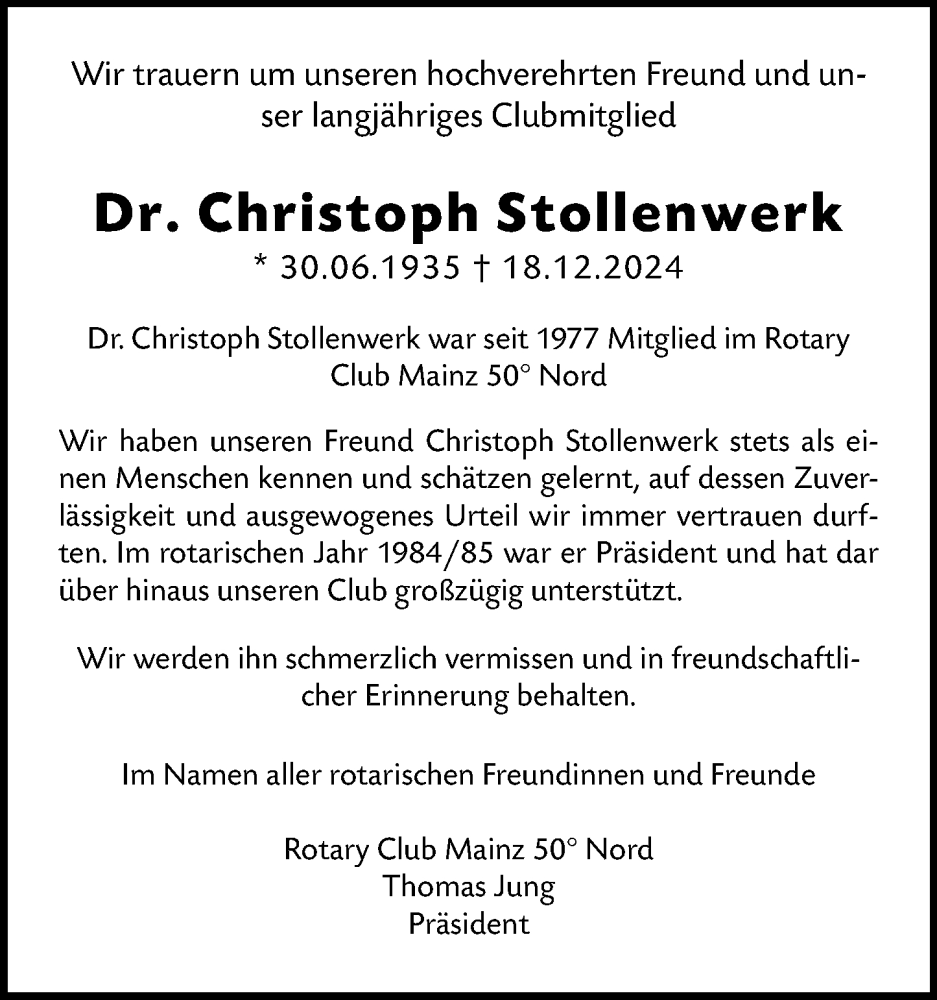  Traueranzeige für Christoph Stollenwerk vom 28.12.2024 aus Allgemeine Zeitung Mainz