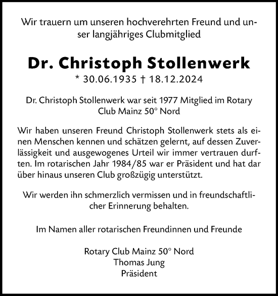 Traueranzeige von Christoph Stollenwerk von Allgemeine Zeitung Mainz