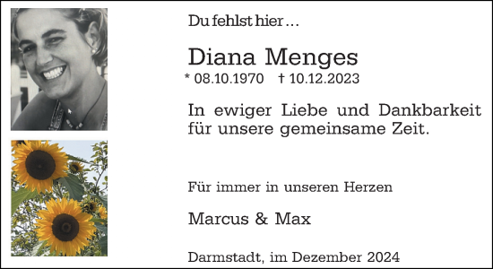 Traueranzeige von Diana Menges von Darmstädter Echo