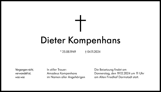 Traueranzeige von Dieter Kompenhans von Darmstädter Echo