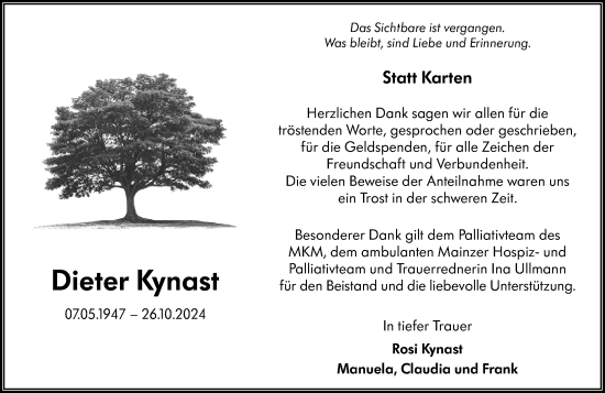 Traueranzeige von Dieter Kynast von Allgemeine Zeitung Mainz