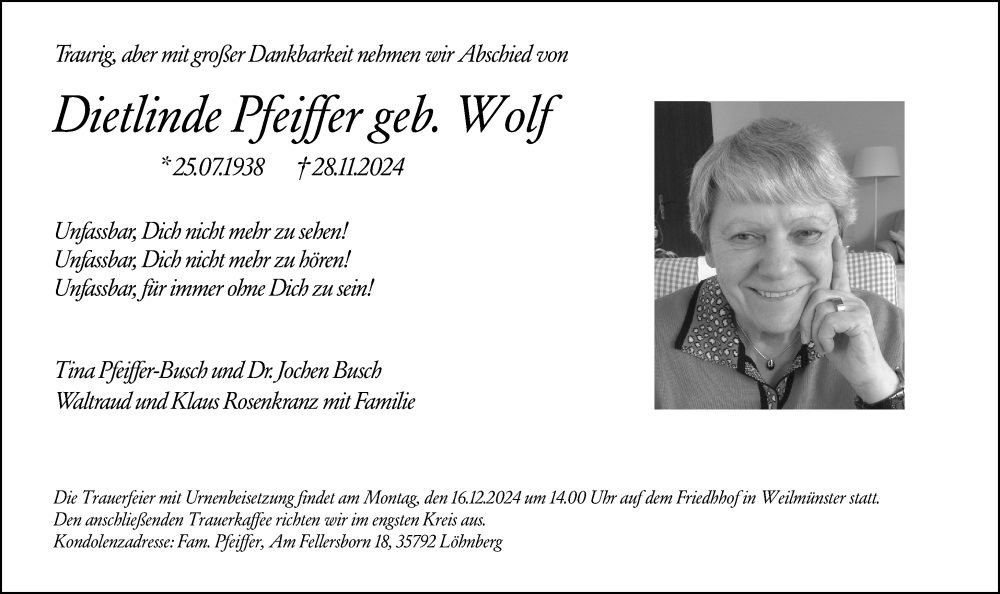 Traueranzeige für Dietlinde Pfeiffer vom 12.12.2024 aus Weilburger Tageblatt