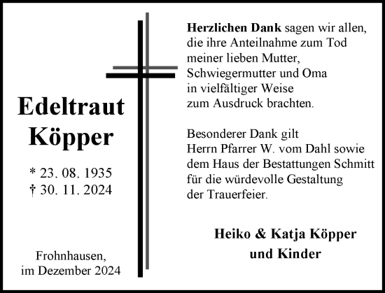 Traueranzeige von Edeltraut Köpper von Dill Block