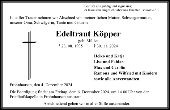 Traueranzeige von Edeltraut Köpper von Dill Block