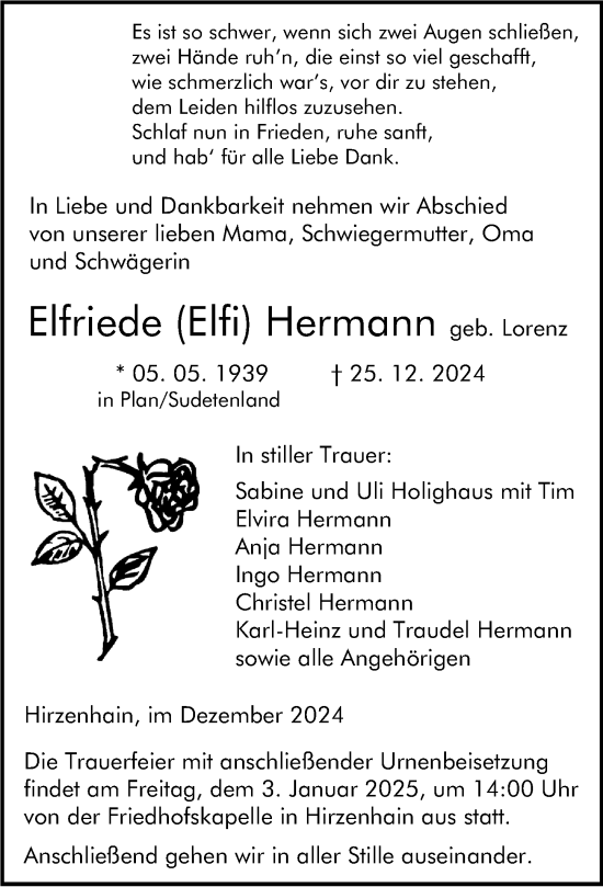 Traueranzeige von Elfriede Hermann von Dill Block