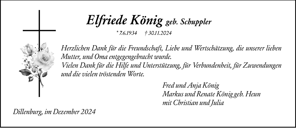  Traueranzeige für Elfriede König vom 21.12.2024 aus Dill Block