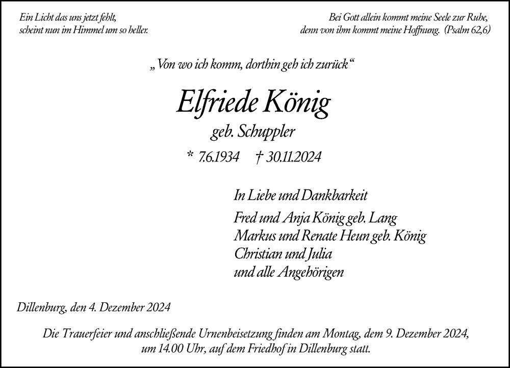  Traueranzeige für Elfriede König vom 04.12.2024 aus Dill Block