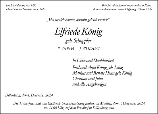 Traueranzeige von Elfriede König von Dill Block