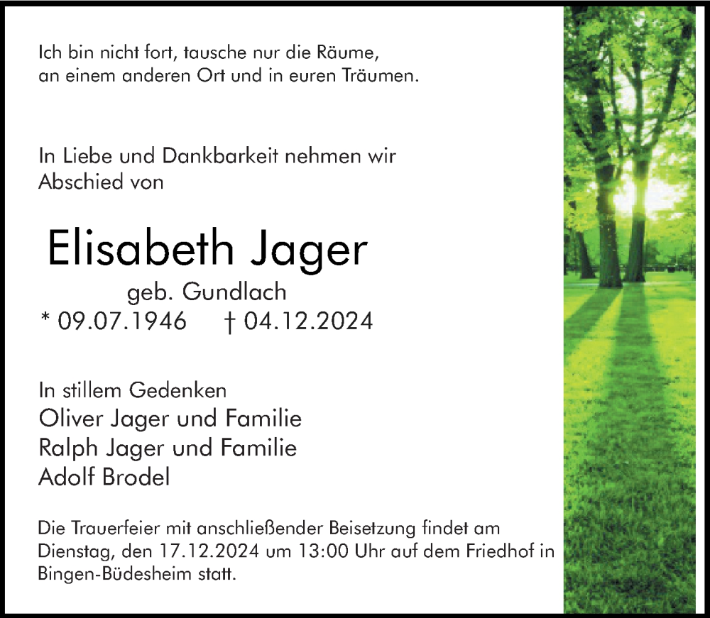  Traueranzeige für Elisabeth Jager vom 14.12.2024 aus Allgemeine Zeitung Rheinhessen-Nahe