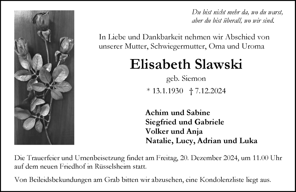  Traueranzeige für Elisabeth Slawski vom 14.12.2024 aus Rüsselsheimer Echo
