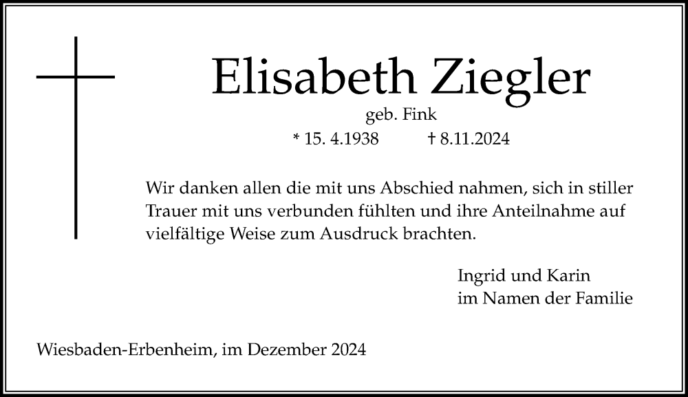  Traueranzeige für Elisabeth Ziegler vom 14.12.2024 aus Wiesbadener Kurier