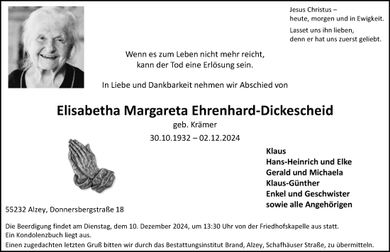 Traueranzeige von Elisabetha Ehrenhard-Dickescheid von Allgemeine Zeitung Alzey